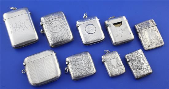 8 silver vesta cases and a stamp case vesta
